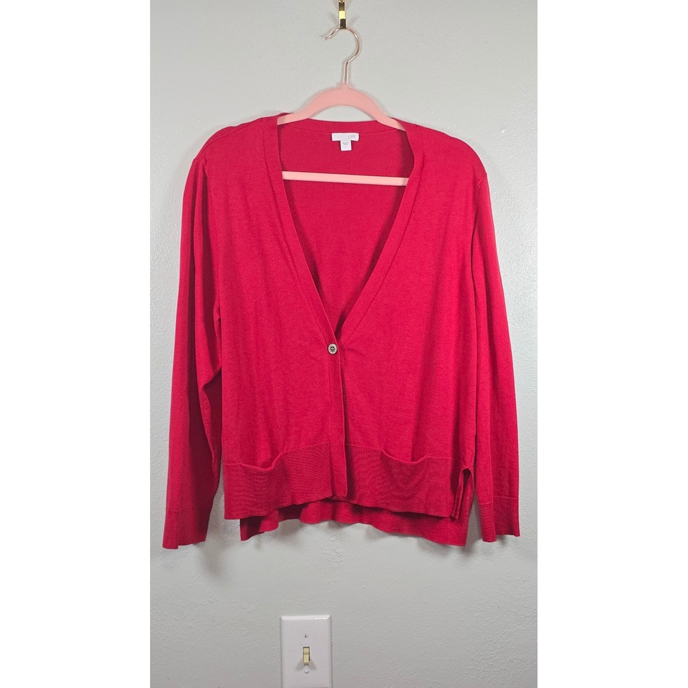 J. Jill Red Silk Blend V-Neck Cardigan Sweater Size L Single Button Pocket